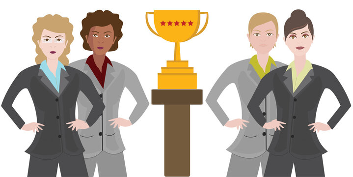 Businesswoman winning team with trophy