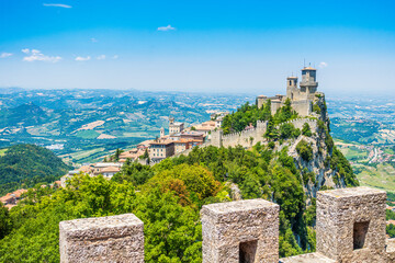 San Marino, Guaita, first of three peaks which overlooks the city. The Guaita fortress is the...