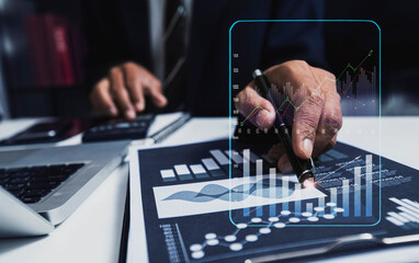 Business hands working with analyzing sales data and economic growth graph chart. Business strategy. Digital marketing. 