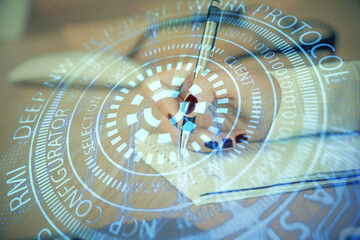 Multi exposure of woman's writing hand on background with data technology hud. Concept of innovation.