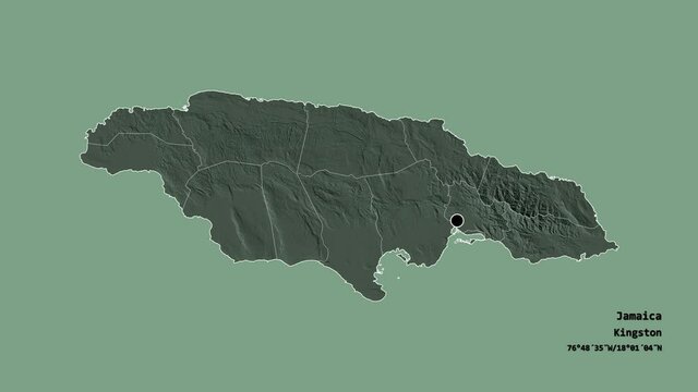 Manchester, parish of Jamaica, with its capital, localized, outlined and zoomed with informative overlays on a administrative map in the Stereographic projection. Animation 3D