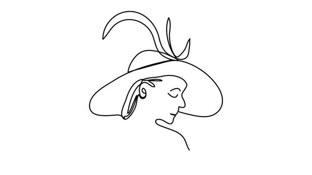 Animation of linear art of a female face with a headdress. The concept of fashion, the minimalism of female beauty in motion. Black outline on a white background, white outline on a black and green ba