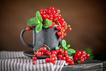 Fresh red currants in a Cup on a dark rustic wooden table. Background with space for copying. Selective focus.