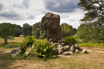 Stone of Puckler-Muskau (Pucklerstein) at park Muzakowski (Park von Muskau) near Leknica. UNESCO World Heritage Site. Poland