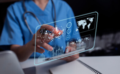Doctor with modern virtual screen interface, medical technology network concept