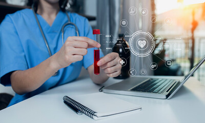 Doctor with modern virtual screen interface, medical technology network concept