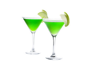 Green appletini cocktail in glass isolated on white background	