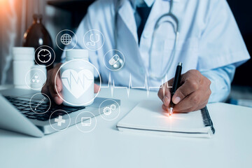 Medical technology and futuristic concept. Doctor hologram modern virtual screen interface.
