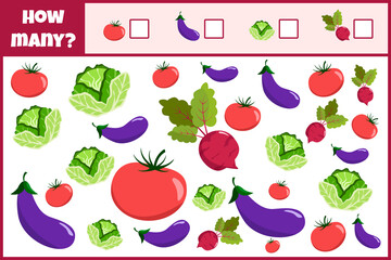 Educational mathematical game. Count the number of vegetables. Count how many vegetables. Counting game for children.