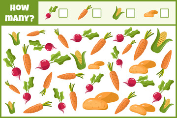 Educational mathematical game. Count the number of vegetables. Count how many vegetables. Counting game for children.