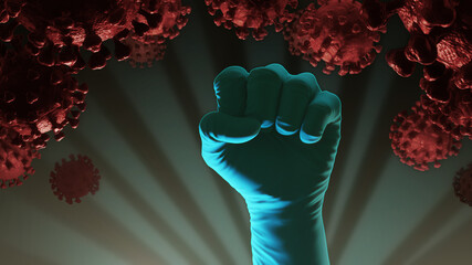 Medical glove. Fight against the virus, coronavirus, corona virus. 3d illustration. Dark dramatic version.