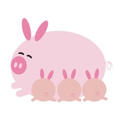 happy pig cartoon with piglets