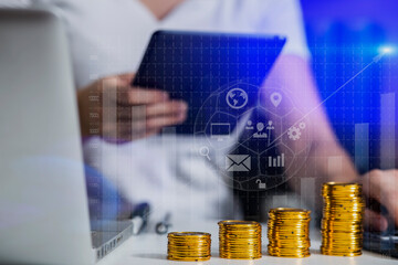 Double exposure of hands working on digital tablet and marketing notes with forex chart hud. Stock market concept.	