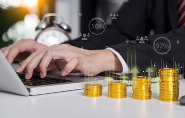 Businessman with coins stacked on each other in different positions. Money concept.
