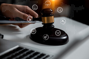 Concepts of Law and Legal services.	Lawyer business working at table office.