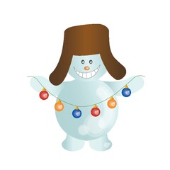 snowman holding a string of christmas baubles
