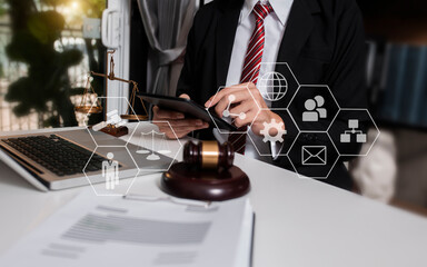 Concepts of Law and Legal services.	Lawyer working with law interface icons.