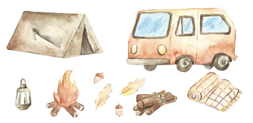 Watercolor illustration. Collection of camping.