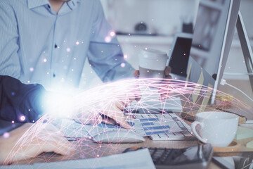 Fototapeta premium Social network theme hologram with businessman working on computer on background. Multi exposure.