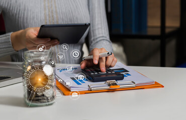 Obraz premium Business woman working with analyzing stock market report with financial graph interface, Business analysis concept.