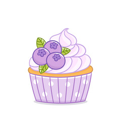 Blueberry cupcake muffin. Delicious dessert with whipped cream and berries on the top. Vector image isolated on white background.