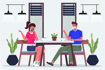 social distancing workplace or restaurant. People sitting when meeting in the office. A man and a woman in medical masks maintain a social distance at work.People sitting in restaurant eating food.