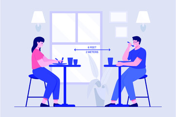 social distancing in restaurant, a man and a woman sitting and  eating, protection and prevention of coronavirus or covid-19 