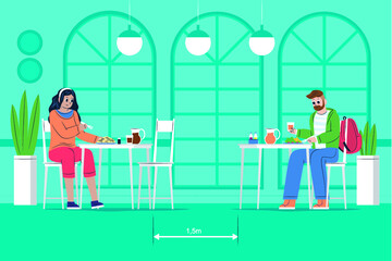 New normal after COVID-19 pandemic in restaurant, social distancing concept, social distancing  between two table .