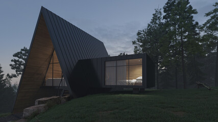 Fototapeta na wymiar Illuminated Triangular House on the Hillside with a Bedroom in View 3D Rendering