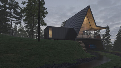 Fototapeta na wymiar Illuminated Hillside House with a Garage Underneath 3D Rendering