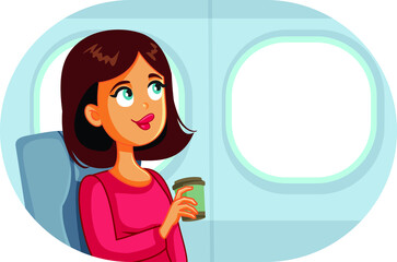  Woman Travelling by Plane Drinking Coffee Vector Cartoon