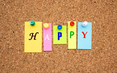 Multicolor notes with letters pinned on a cork notice board.