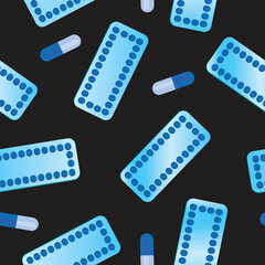 Seamless pattern with medicines, pills, blister pack of pills, flat vector stock illustration with medicine as treatment concept