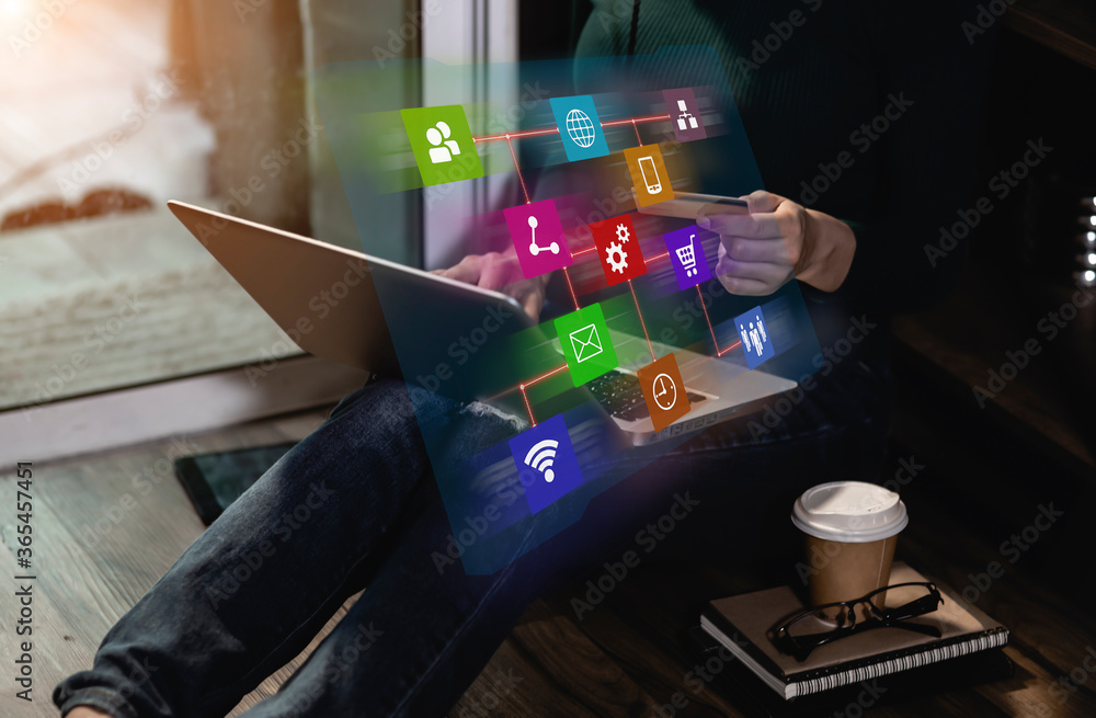 Poster woman hand trader touching on laptop computer with graphs analysis and business banking online.