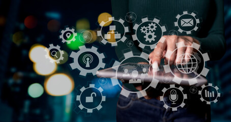 Double exposure of businesswoman working on digital tablet and smart phone with digital marketing virtual chart, Abstract icon, Business strategy concept.