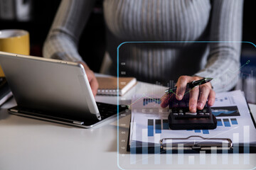 Businesswoman using laptop with Digital technology transformation change management and internet of things Ai.