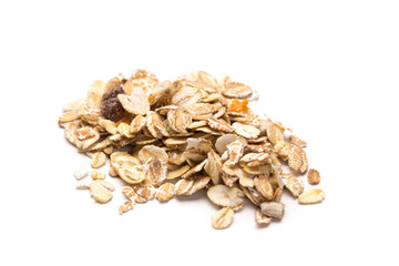 oatmeal with raisins, coconut, pineapple and banana slices isolated on a white background. For packing oatmeal or granola.