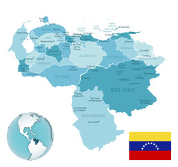 Fototapeta premium Venezuela administrative blue-green map with country flag and location on a globe.