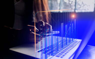 Double exposure of businesswoman working on digital marketing virtual chart, Abstract icon, Business strategy concept.