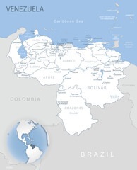 Fototapeta na wymiar Blue-gray detailed map of Venezuela administrative divisions and location on the globe.