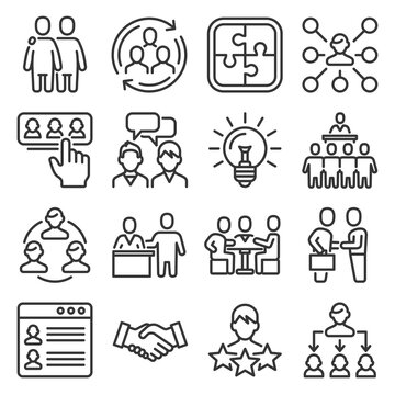 People Communication, Collaboration and Relationship Icons Set. Line Style Vector