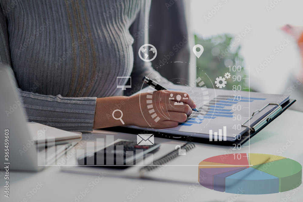 Aufkleber business hands working with documents on technology digital with network interface icons. double exp