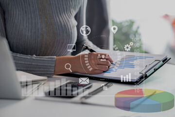 Business hands working with documents on technology  digital with network interface icons. Double exposure Business marketing Concept