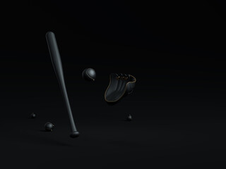 Baseball game minimal black background. Baseball balls bat and glove isolated on Simple black background. Sport game black minimalist mock up concept. Toned black and gold solid dark color image.