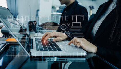 Business teamwork or business partners discussing documents and meeting at the modern office desk. Global Strategy Virtual Icon. Innovation Graphs Interfaces. Workplace strategy concept.