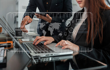 Business teamwork or business partners discussing documents and meeting at the modern office desk. Global Strategy Virtual Icon. Innovation Graphs Interfaces. Workplace strategy concept.