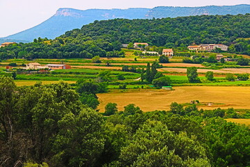 Obraz premium fondo paisaje de campo en verano con casas y prados verdes