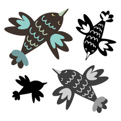 Isolated black and white vector design with silhouettes of cute birds on white