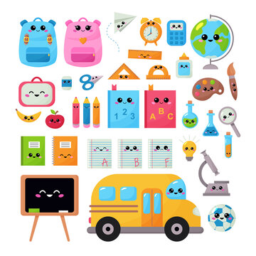 Back to school vector kawaii set for children. Educational clipart objects with kawaii face. Funny cartoon characters. Cute backpacks, pencils, apple, book,notebook and school bus.