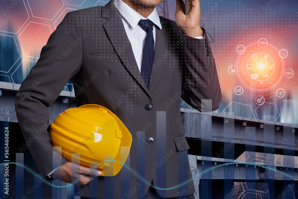Poster double exposure engineering using digital smartphone and technology interfaces icon with constructio